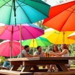 Skėčiai su logotipu rodomi ryškiame lauko piknike, akcentuojant stilių ir prekės ženklo įvaizdį.