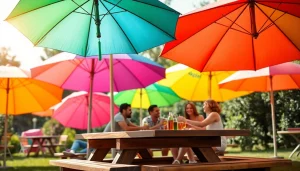 Skėčiai su logotipu rodomi ryškiame lauko piknike, akcentuojant stilių ir prekės ženklo įvaizdį.