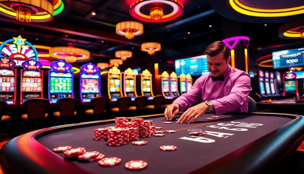 Gamblers enjoying high-stakes action at SODO Casino with modern gaming tables and vibrant atmosphere.