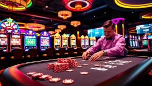Gamblers enjoying high-stakes action at SODO Casino with modern gaming tables and vibrant atmosphere.