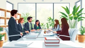 Environmental law firm team discusses sustainable practices in a collaborative environment.