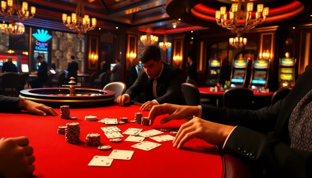 Engage with the hidden wiki through an immersive casino experience, showcasing poker tables and luxurious ambiance.