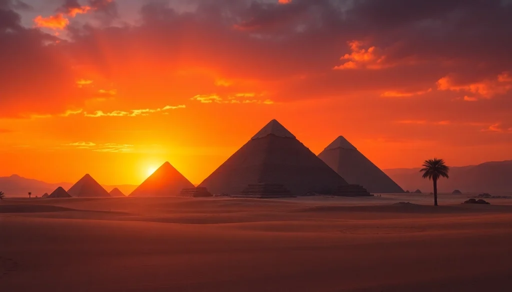 Explore the magnificence of piraminds under a dramatic sunset atmosphere.