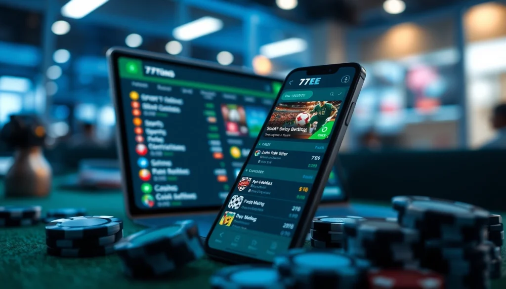 77EE mobile app displaying a dynamic betting interface with poker chips and betting slips.