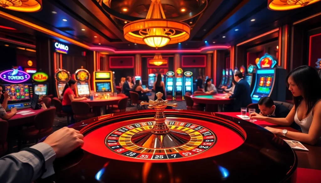 Exciting betting action at a luxurious casino, highlighting vuabai9.store poker chips and cards.