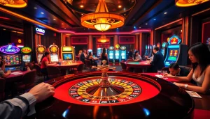 Exciting betting action at a luxurious casino, highlighting vuabai9.store poker chips and cards.