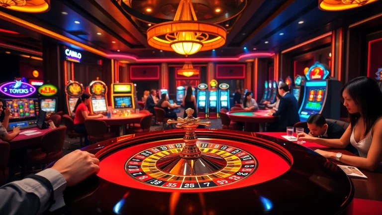 Exciting betting action at a luxurious casino, highlighting vuabai9.store poker chips and cards.