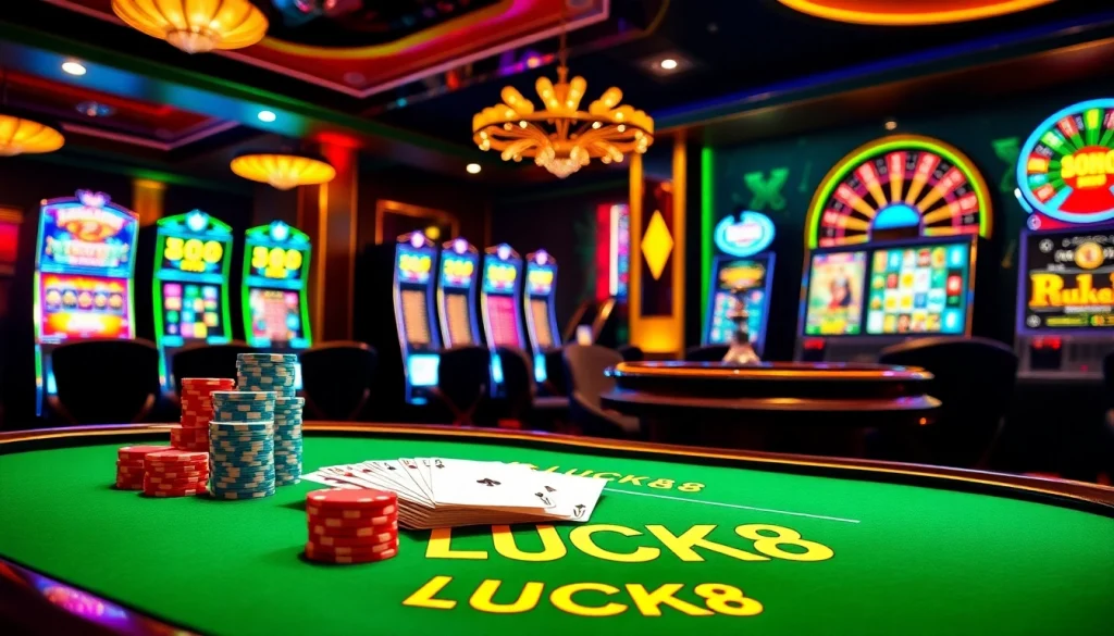 Bàn LUCK8 với chip poker, bài và bánh xe roulette nổi bật sự háo hức của casino cược cao.