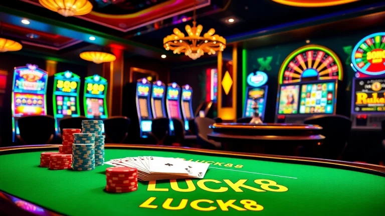 Bàn LUCK8 với chip poker, bài và bánh xe roulette nổi bật sự háo hức của casino cược cao.