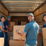 Residential Moving team efficiently packing and loading boxes into a truck in a sunny neighborhood.