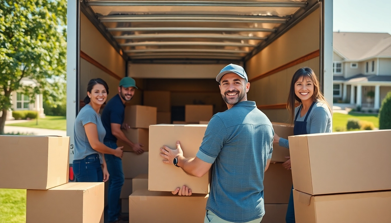 Residential Moving team efficiently packing and loading boxes into a truck in a sunny neighborhood.