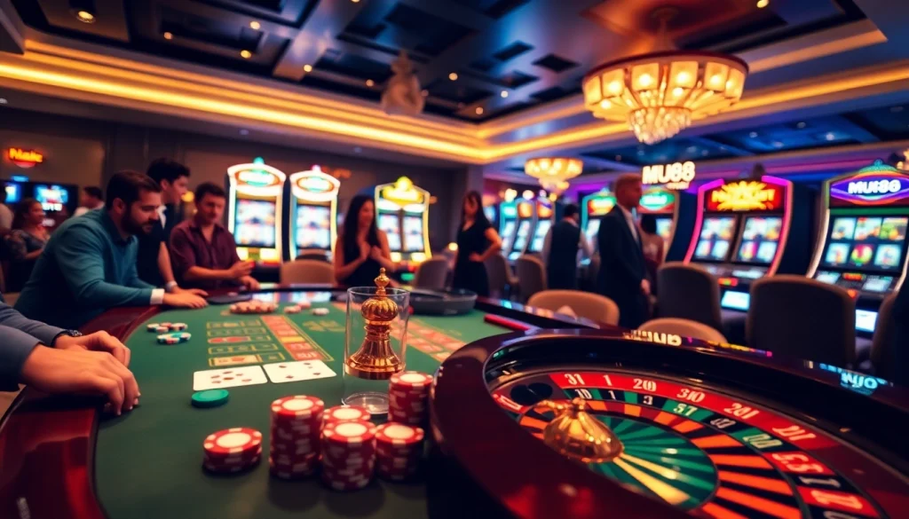 Experience the excitement of Mu88 casino with vibrant poker chips and illuminated gaming tables.