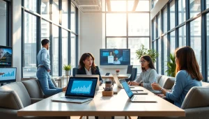 在现代办公环境中使用美洽平台的客服代表进行互动。