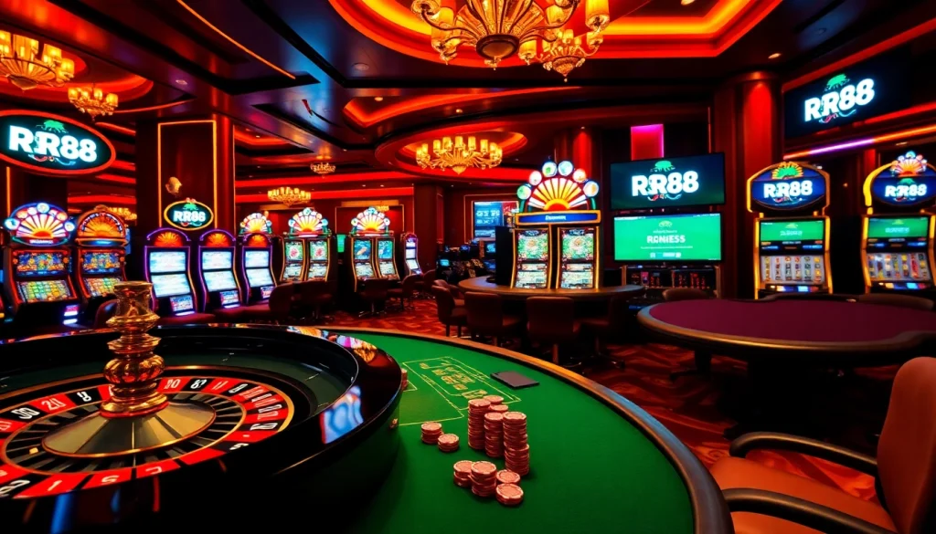 Players enjoying a vibrant casino experience featuring RR88 logo on live betting screens.