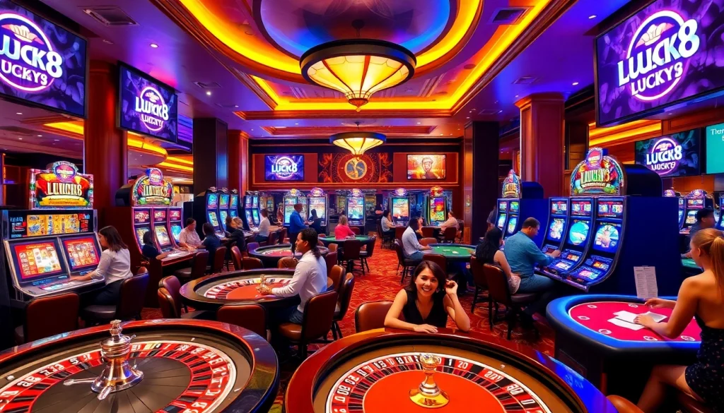 Trải nghiệm sự phấn khích với LUCK8 và LUCKY8 tại một casino sang trọng đầy những trò chơi đang diễn ra.