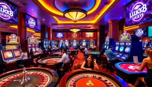 Trải nghiệm sự phấn khích với LUCK8 và LUCKY8 tại một casino sang trọng đầy những trò chơi đang diễn ra.