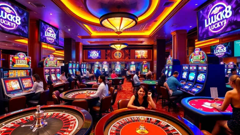 Trải nghiệm sự phấn khích với LUCK8 và LUCKY8 tại một casino sang trọng đầy những trò chơi đang diễn ra.