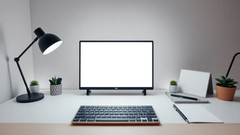 Monitor testing and lighting enhancement using tela branca tool in a modern workspace.