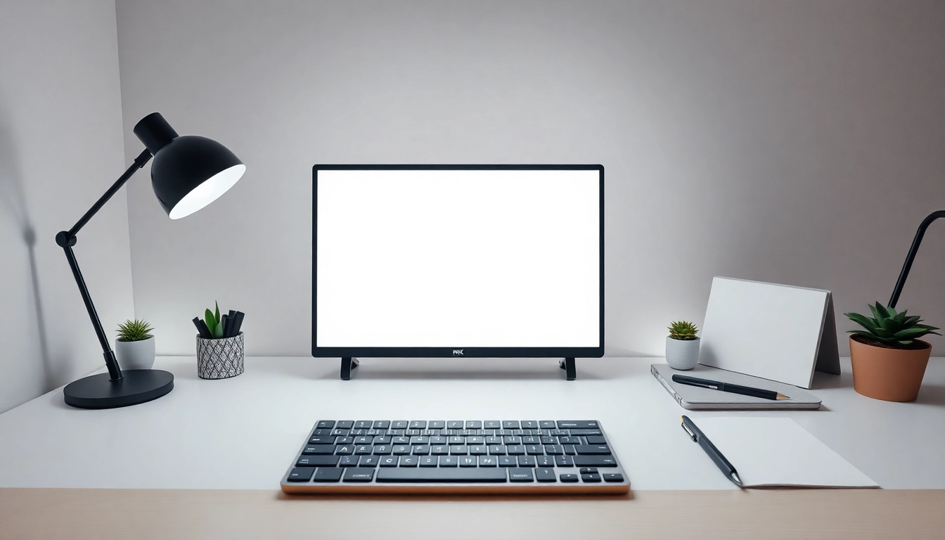 Monitor testing and lighting enhancement using tela branca tool in a modern workspace.