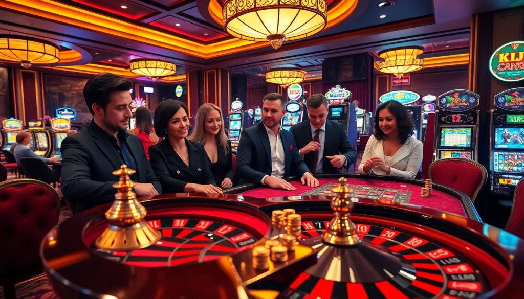 KJC gamblers strategizing at a professional poker table with roulette in the background