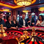 KJC gamblers strategizing at a professional poker table with roulette in the background