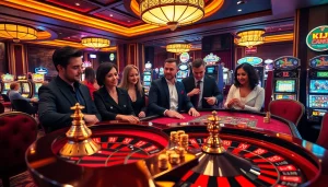 KJC gamblers strategizing at a professional poker table with roulette in the background
