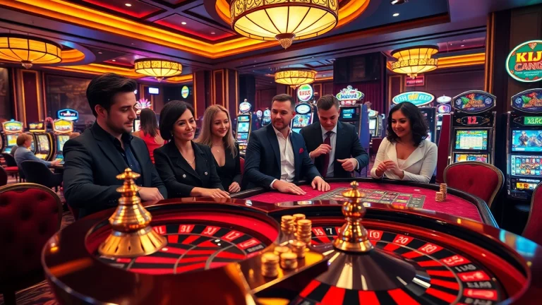 KJC gamblers strategizing at a professional poker table with roulette in the background