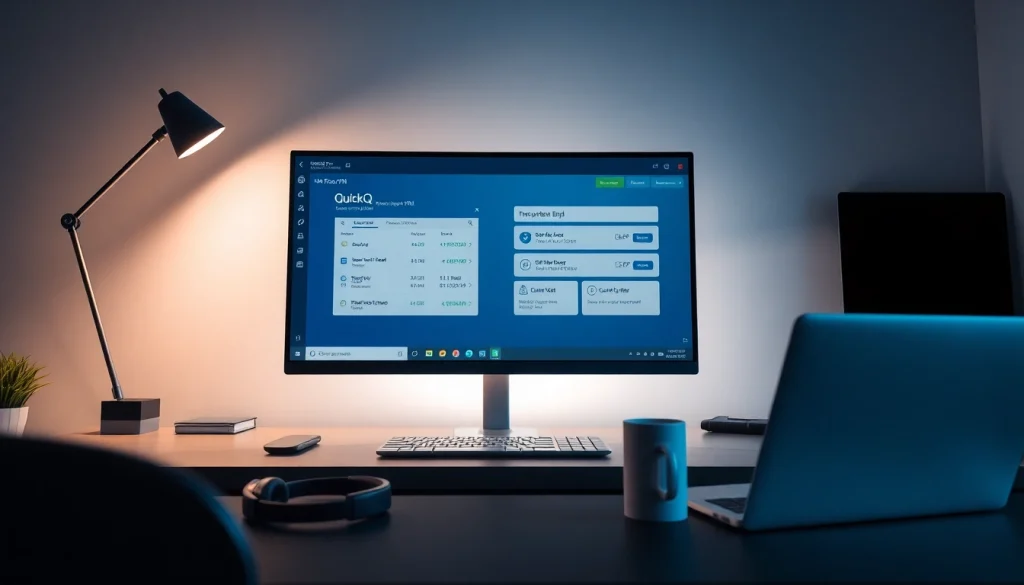 QuickQ电脑版在时尚的 Windows 桌面界面，突出测速和服务器功能。