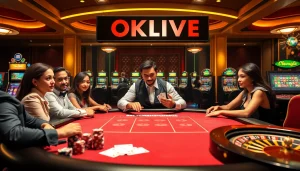 Players engaging in an exciting poker game featuring OKLIVE branding amidst vibrant casino visuals.
