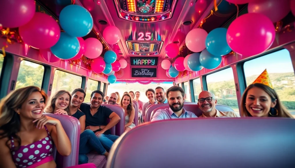Birthday party bus rental with festive decor, colorful lights, and happy guests celebrating.
