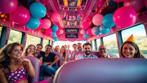 Birthday party bus rental with festive decor, colorful lights, and happy guests celebrating.