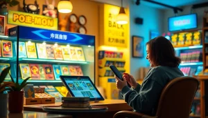 オンラインオリパのおすすめを紹介する、カラフルなコレクタブルカードパックとオンラインで商品を閲覧する満足そうな顧客の魅力的なビジュアル