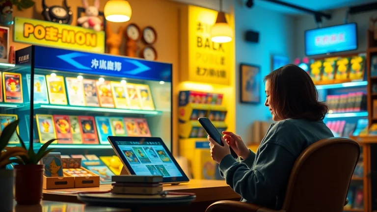 オンラインオリパのおすすめを紹介する、カラフルなコレクタブルカードパックとオンラインで商品を閲覧する満足そうな顧客の魅力的なビジュアル