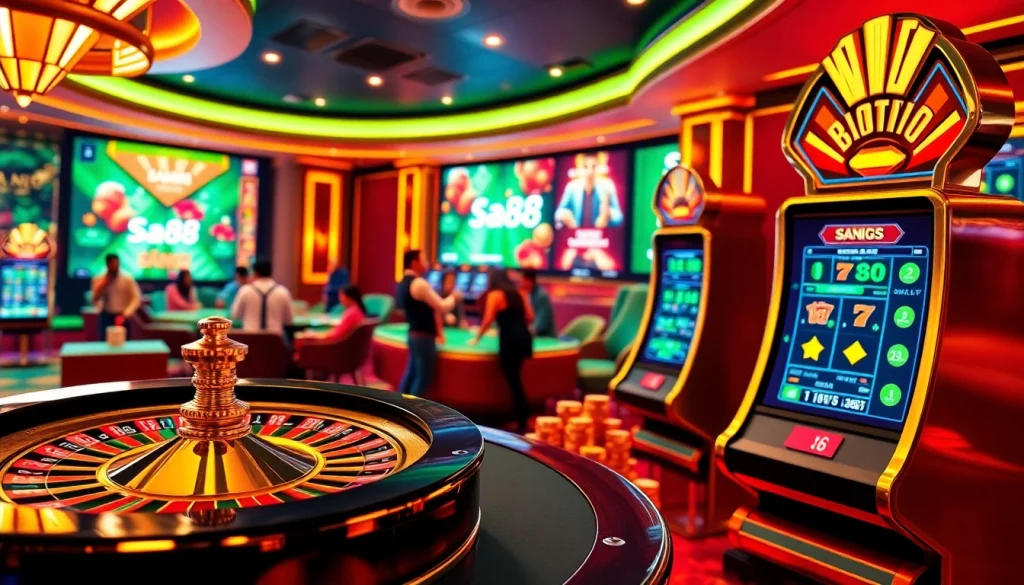 Exciting sa88 online casino scene showcasing roulette, poker, and slots in a luxurious setting.