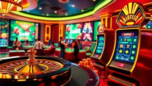 Exciting sa88 online casino scene showcasing roulette, poker, and slots in a luxurious setting.