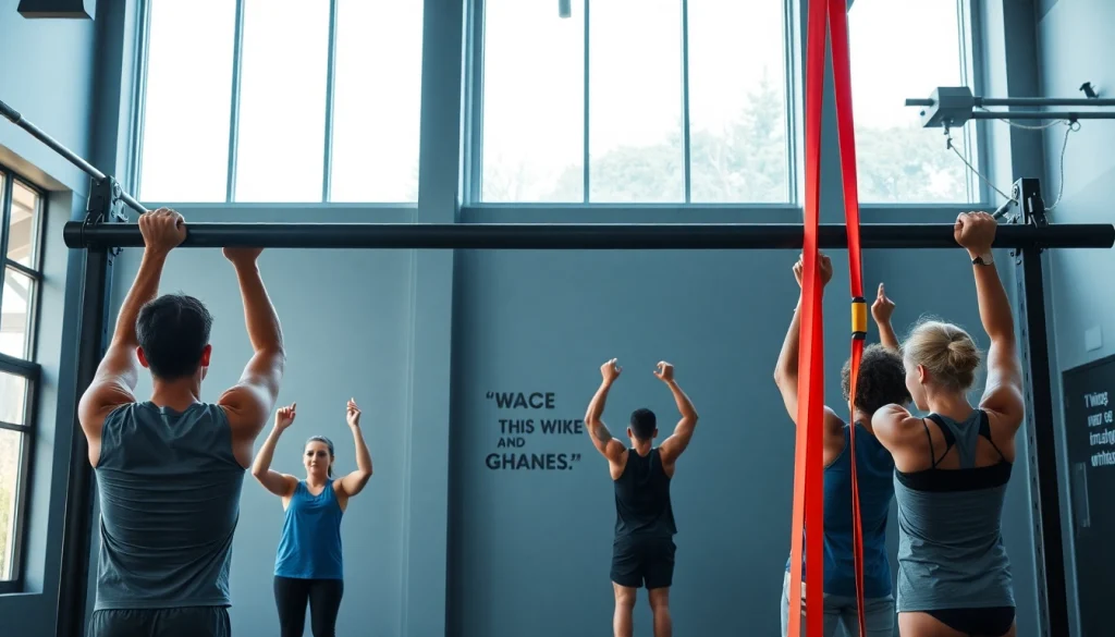 Active individuals using assisted pull-up bands in a modern gym setting