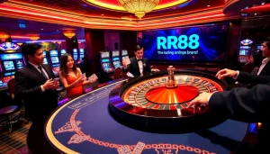 RR88 casino scene with players at roulette table and vibrant slot machines.