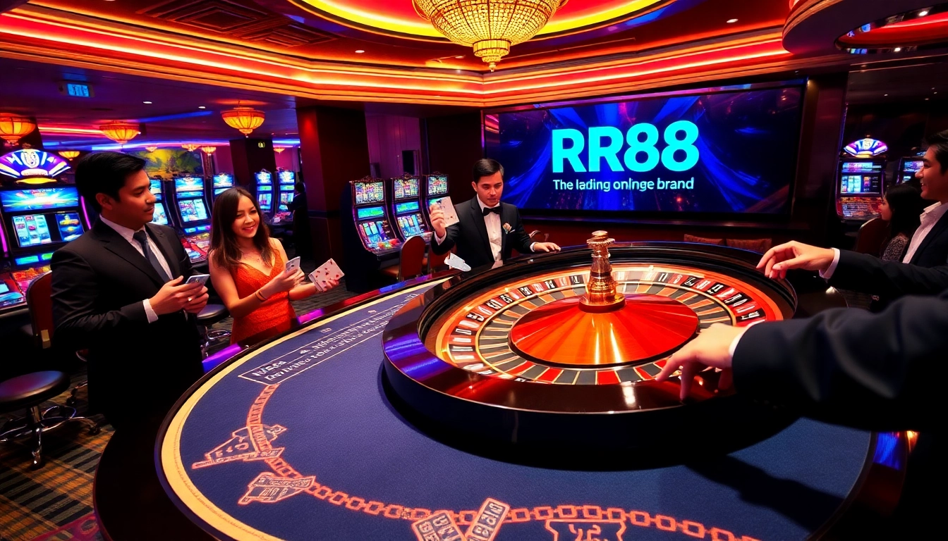 RR88 casino scene with players at roulette table and vibrant slot machines.