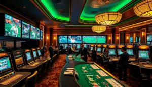 Betting excitement at the adobet88 sportbook with gamblers interacting and live sports screens.