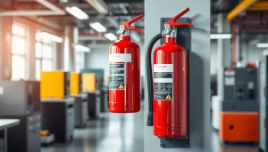Electrical fire extinguisher mounted on a wall, ensuring safety in a modern workspace.