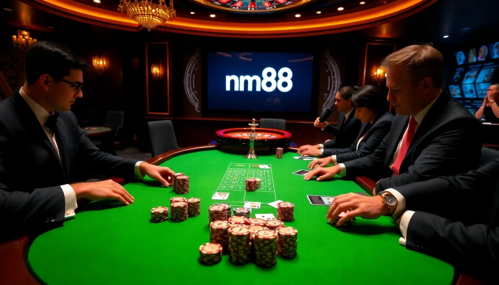 Players enjoying a thrilling poker game at a luxury casino showcasing mm88.