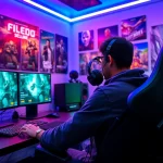 Engaging scene of a gamer showcasing video game reviews and ratings on multiple monitors with vibrant lighting.