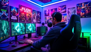Engaging scene of a gamer showcasing video game reviews and ratings on multiple monitors with vibrant lighting.
