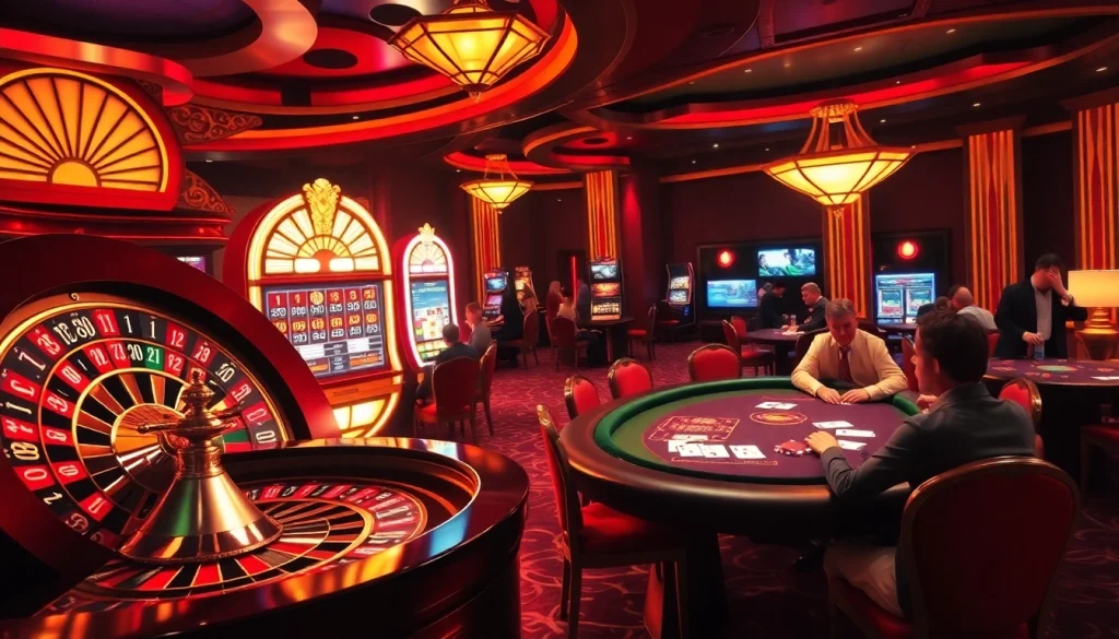 Experience the excitement of online gambling with https://debet66.com/ featuring players at a luxurious casino.