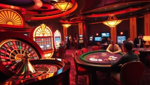 Experience the excitement of online gambling with https://debet66.com/ featuring players at a luxurious casino.