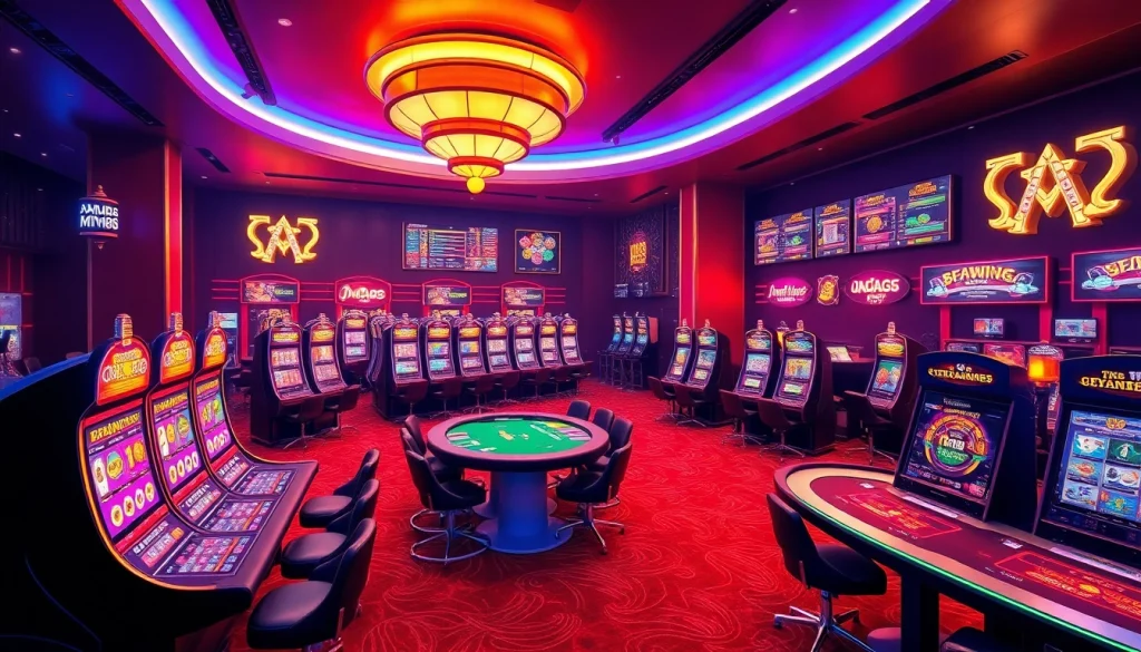 MM88 online gaming platform showcasing a luxurious virtual casino with high-tech tables and vibrant slot machines.
