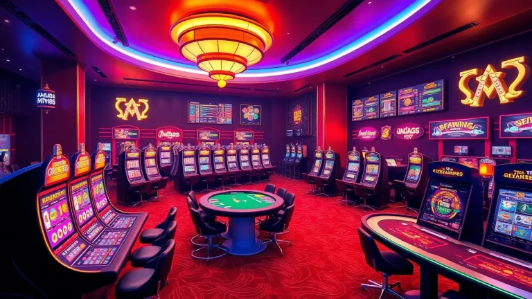MM88 online gaming platform showcasing a luxurious virtual casino with high-tech tables and vibrant slot machines.