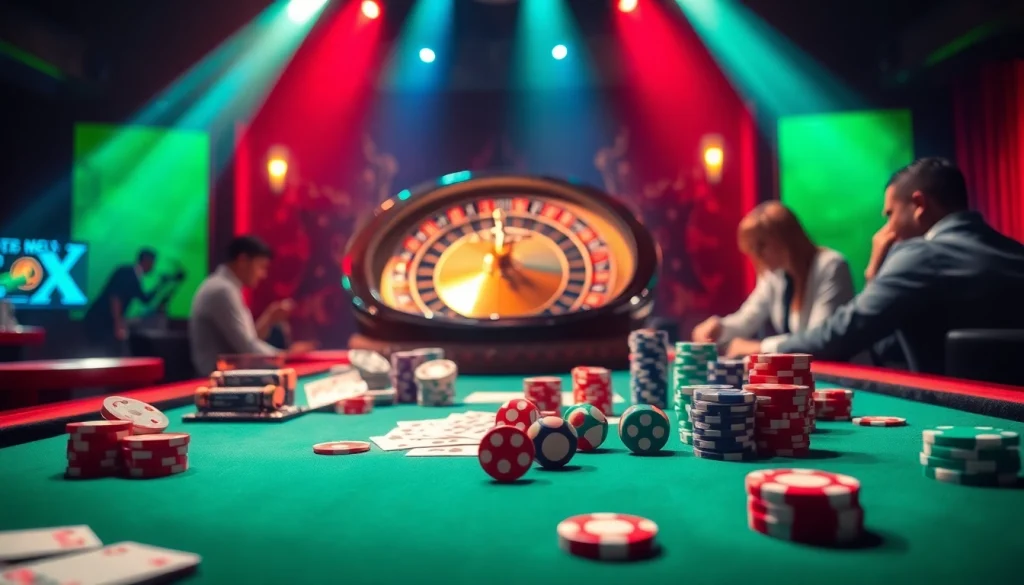 Experience the thrill of gaming at https://kjc.money/ with an exciting casino scene filled with vibrant cards and chips.