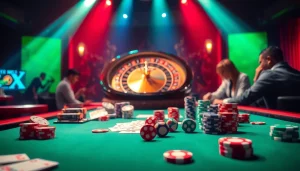 Experience the thrill of gaming at https://kjc.money/ with an exciting casino scene filled with vibrant cards and chips.