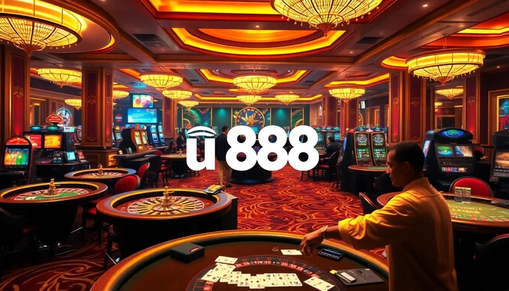 Experience the thrilling ambiance of u 888 casino with vibrant gaming tables and elegant decor.